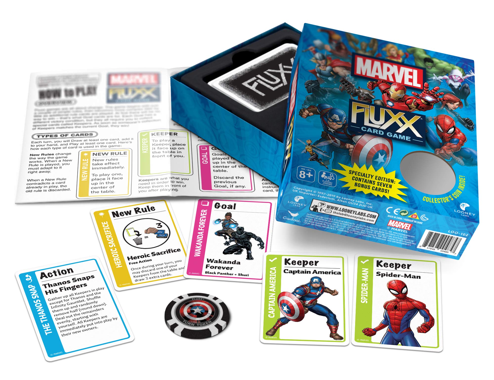Looney Labs Marvel Fluxx Specialty Edition rule cards; new twists keep rounds fresh and fun.