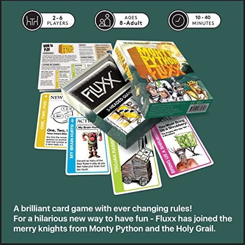 Looney Labs Monty Python Fluxx card draw deck demonstrates dynamic rules for quick, fun rounds.