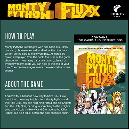 Looney Labs Monty Python Fluxx face cards art captures iconic Monty Python moments for fans.