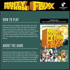 Looney Labs Monty Python Fluxx face cards art captures iconic Monty Python moments for fans.