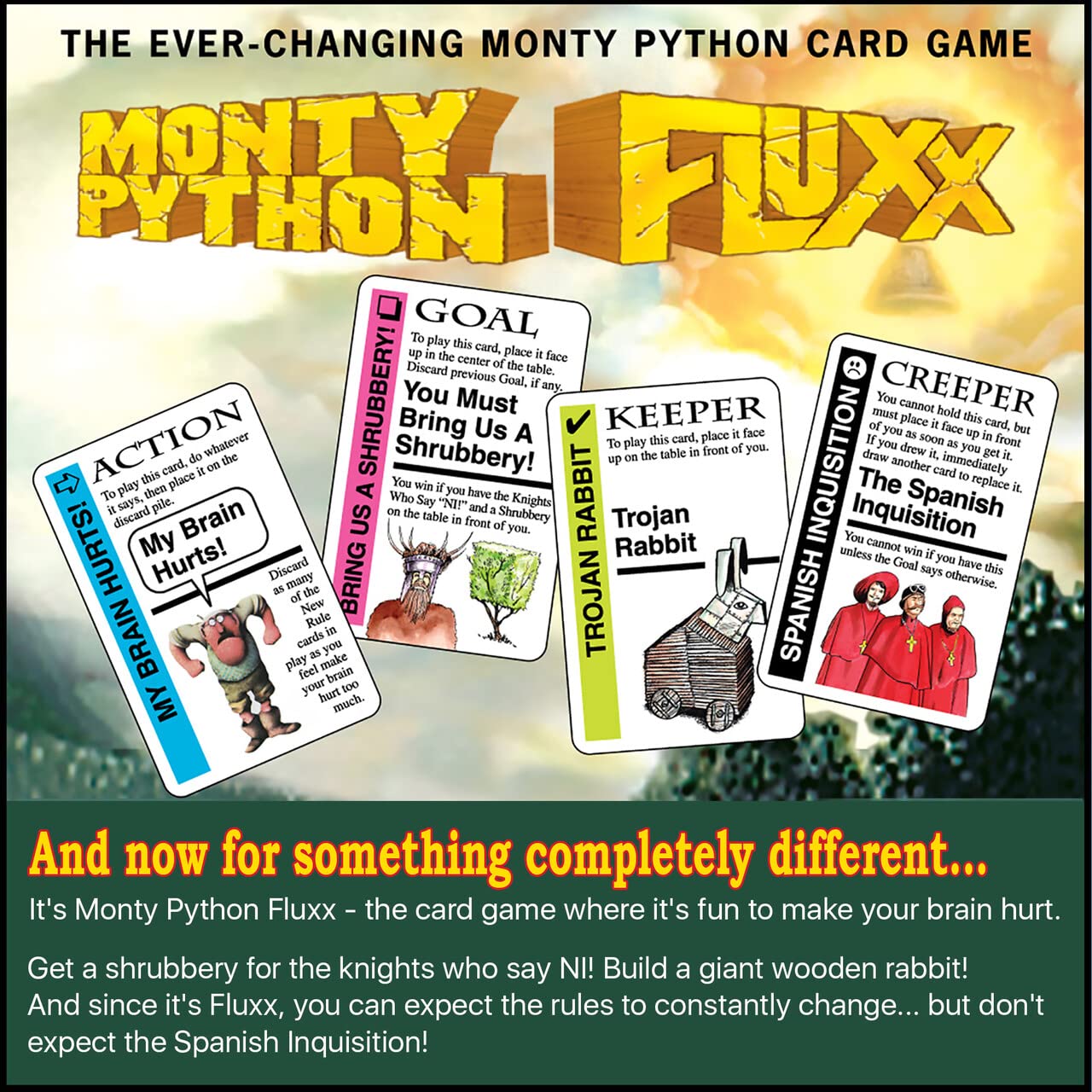 Looney Labs Monty Python Fluxx game pieces show sturdy components for repeated play.