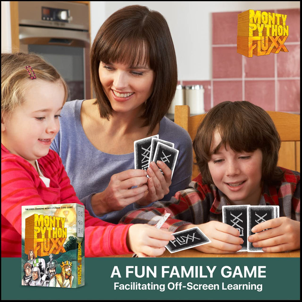Looney Labs Monty Python Fluxx rule cards illustrate playful twists that speed up setup.