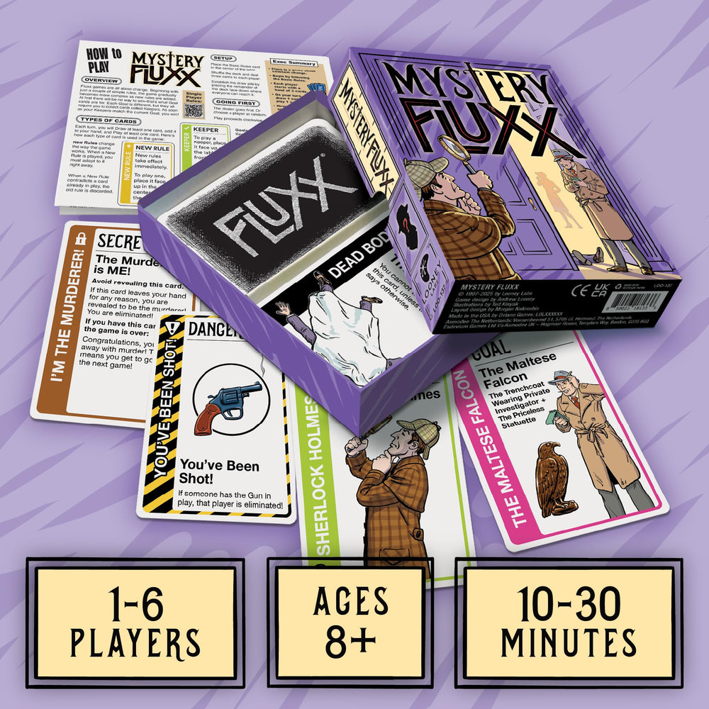 Suspect cast artwork in Looney Labs Mystery Fluxx sparks storytelling
