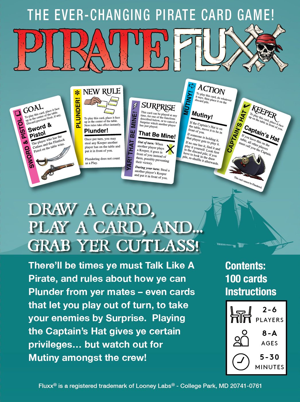 Looney Labs Pirate Fluxx cards spread on table for quick rounds and social fun