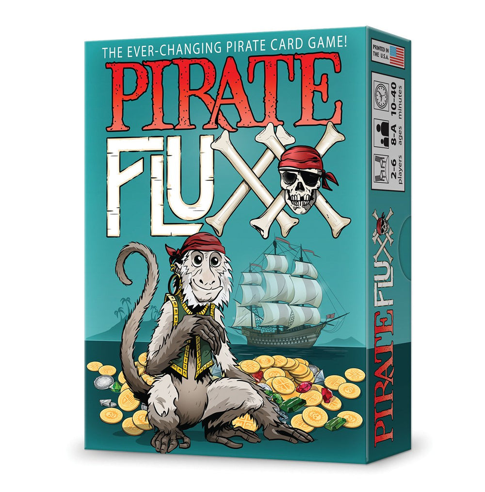 Looney Labs Pirate Fluxx pack shot highlights the game box and deck for easy setup