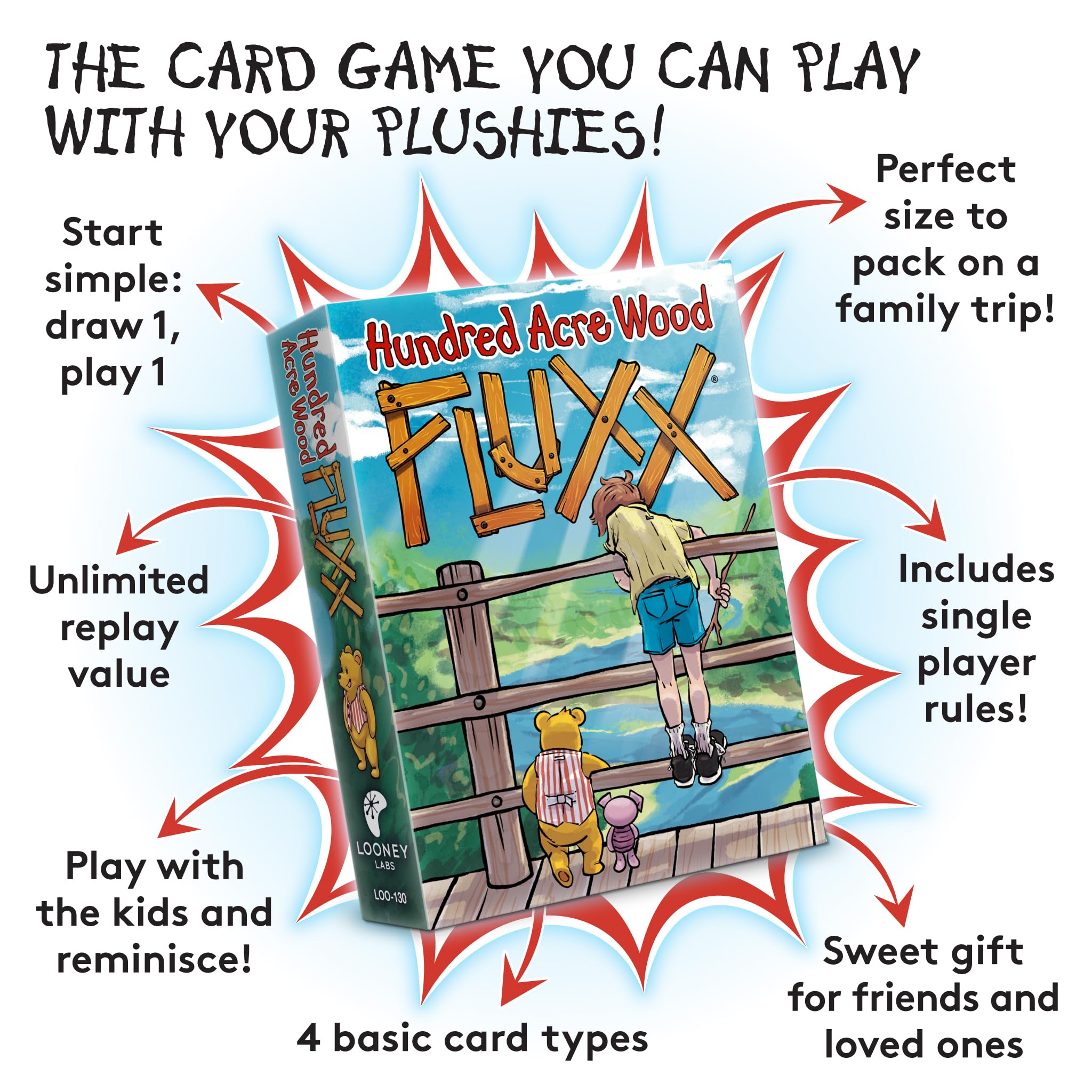 Looney Labs Hundred Acre Wood Fluxx special rules let stuffed animals join play.