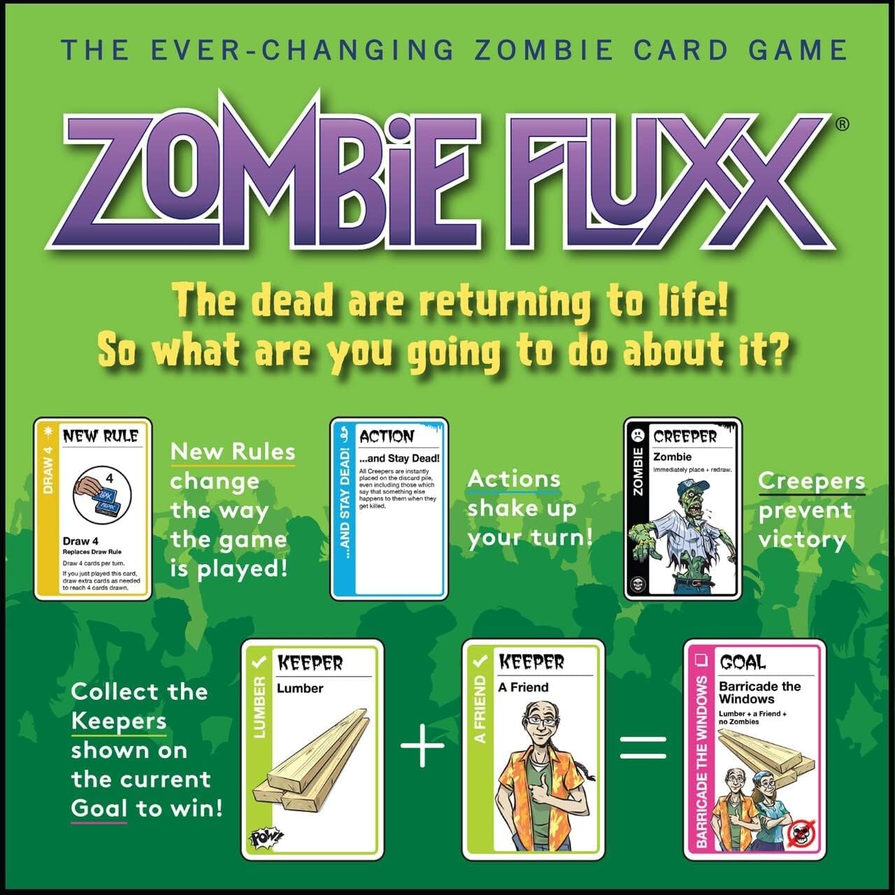 Looney Labs Zombie Fluxx Creeper and action cards on the table for play.