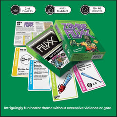 Looney Labs Zombie Fluxx opening draw setup sets fast-paced family game mood.