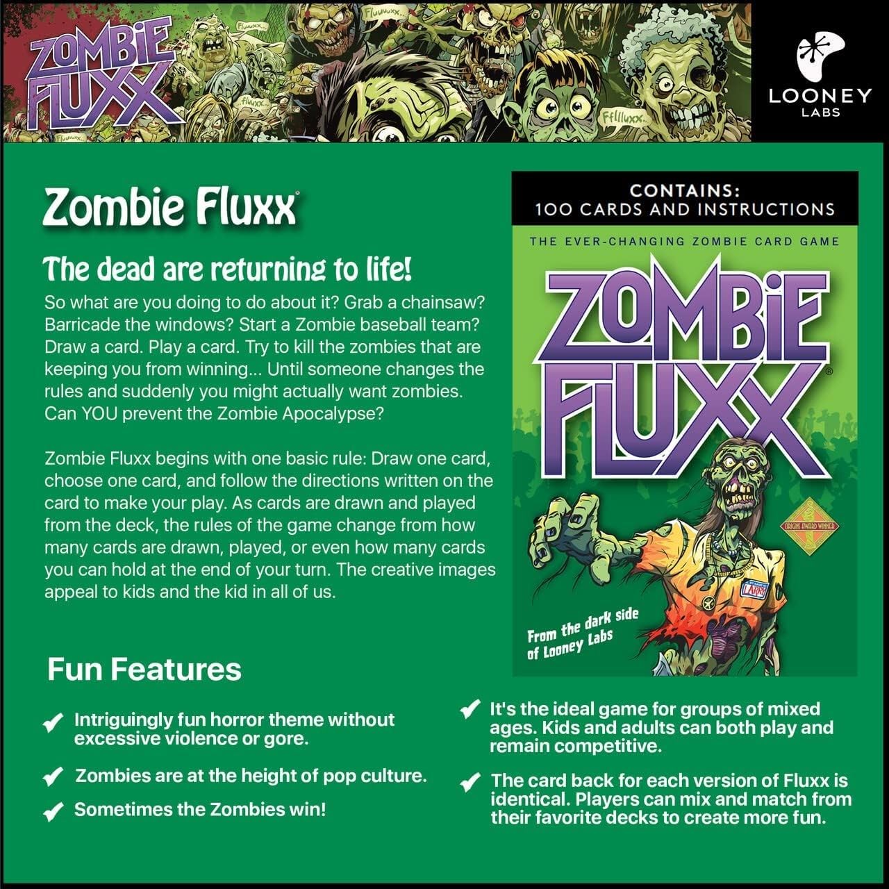 Looney Labs Zombie Fluxx packaging and contents in the box.