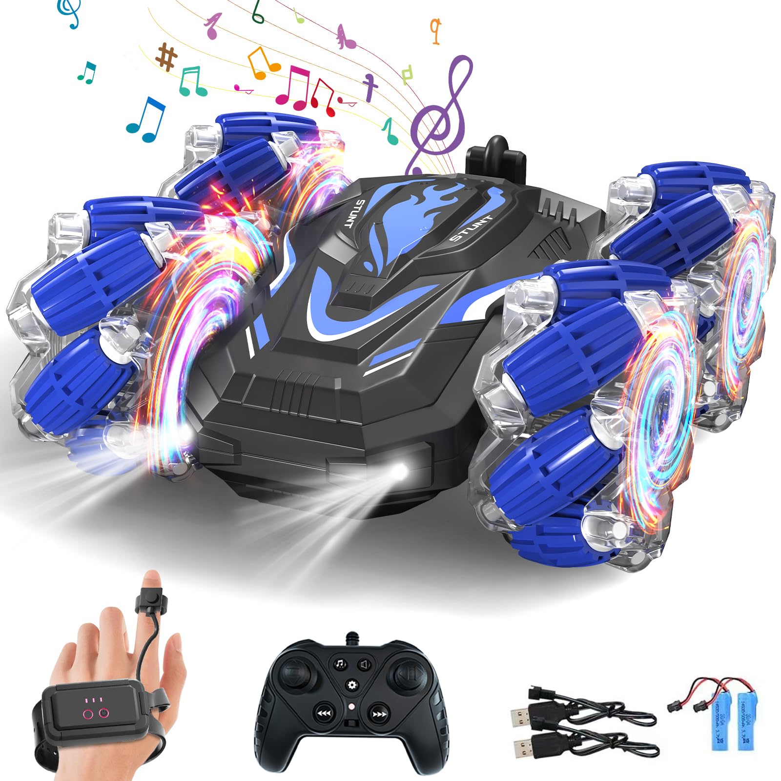 LOOZIX gesture-sensing RC stunt car front view with vivid LEDs for dynamic play