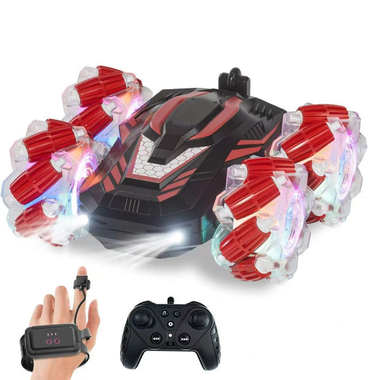LOOZIX gesture-sensing RC stunt car front view with LED lighting for immersive play