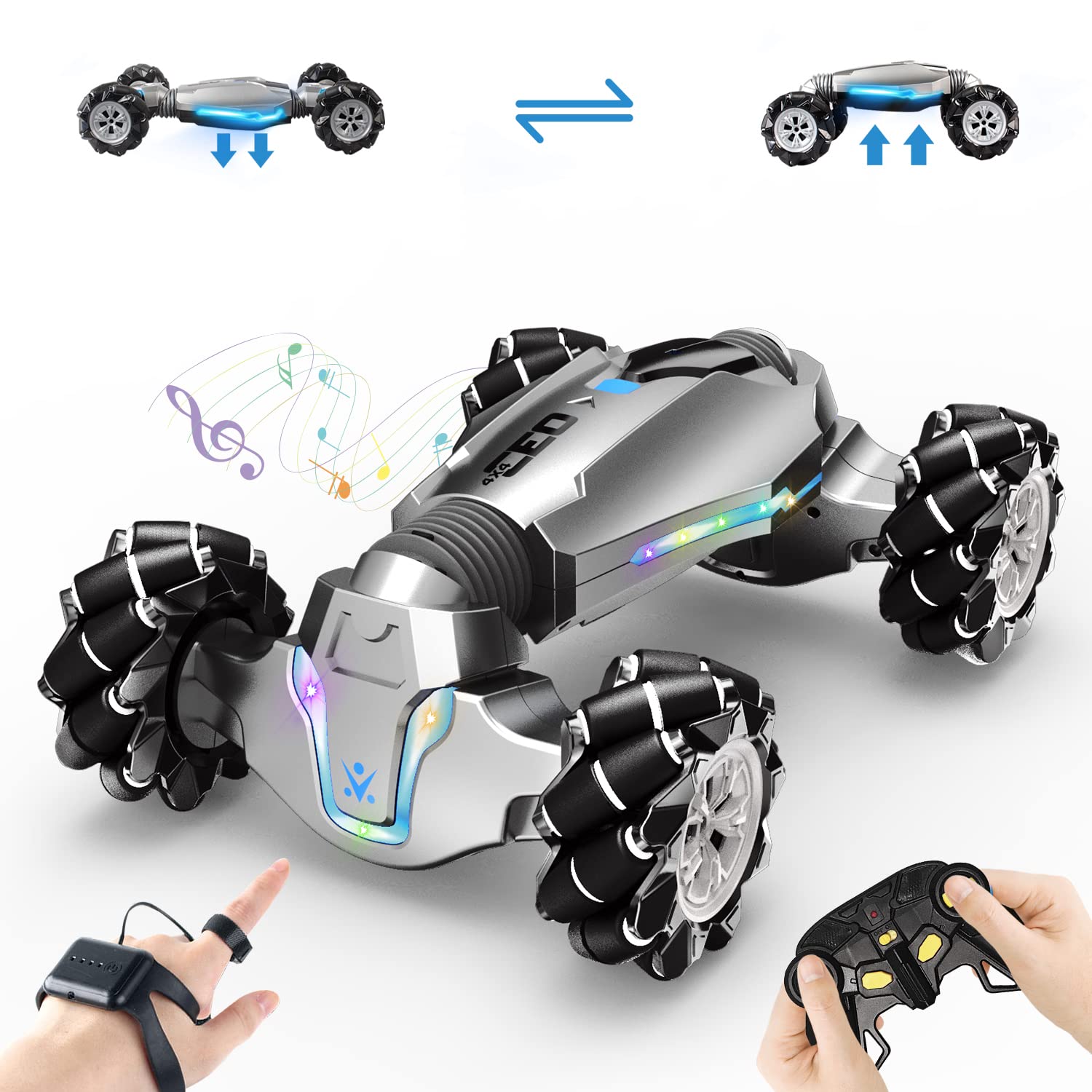 LOOZIX gesture-sensor RC car front view with LED lights for dynamic stunts