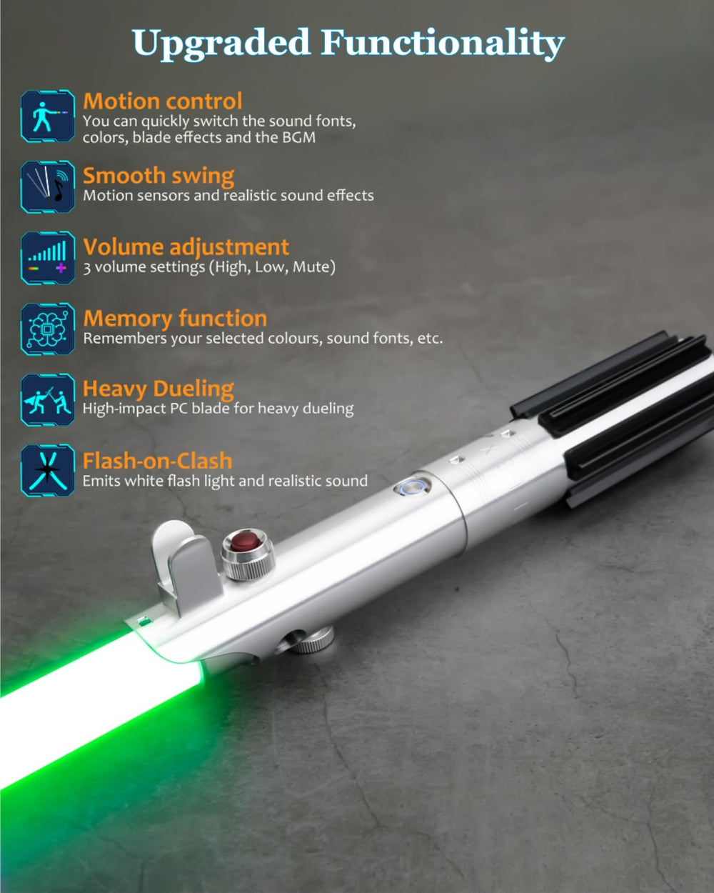Lorsaberus light saber offers 16 sound fonts for varied battle moods.