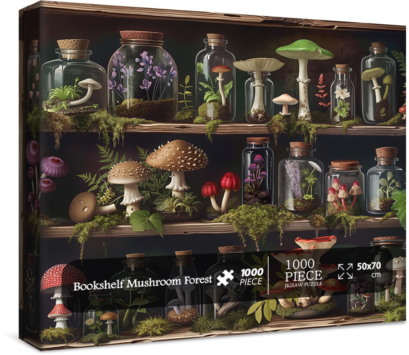 Lorvonis Bookshelf Mushroom Forest Puzzle box cover showcases vibrant colors for decorative display.