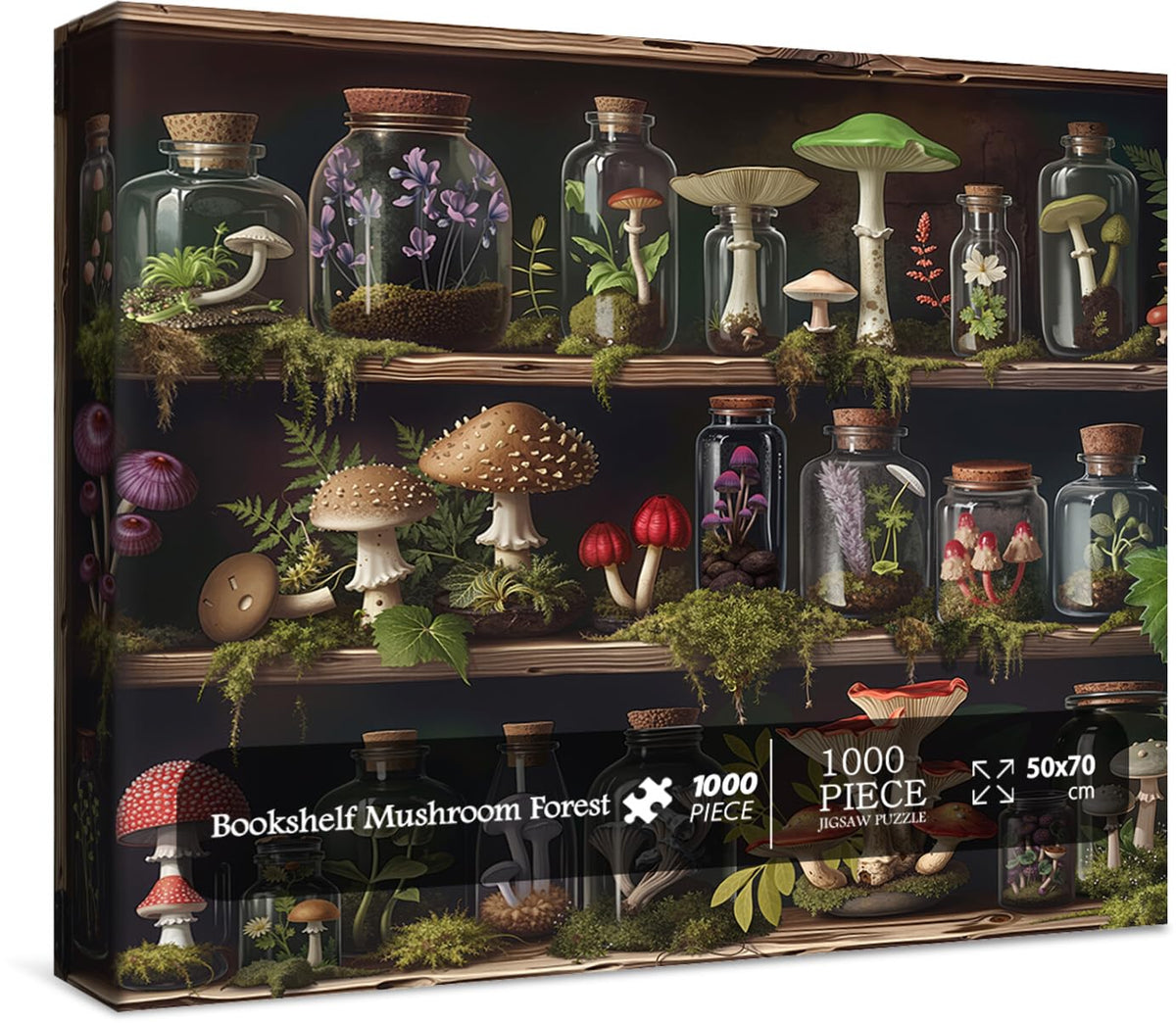Lorvonis Bookshelf Mushroom Forest Puzzle box cover showcases vibrant colors for decorative display.