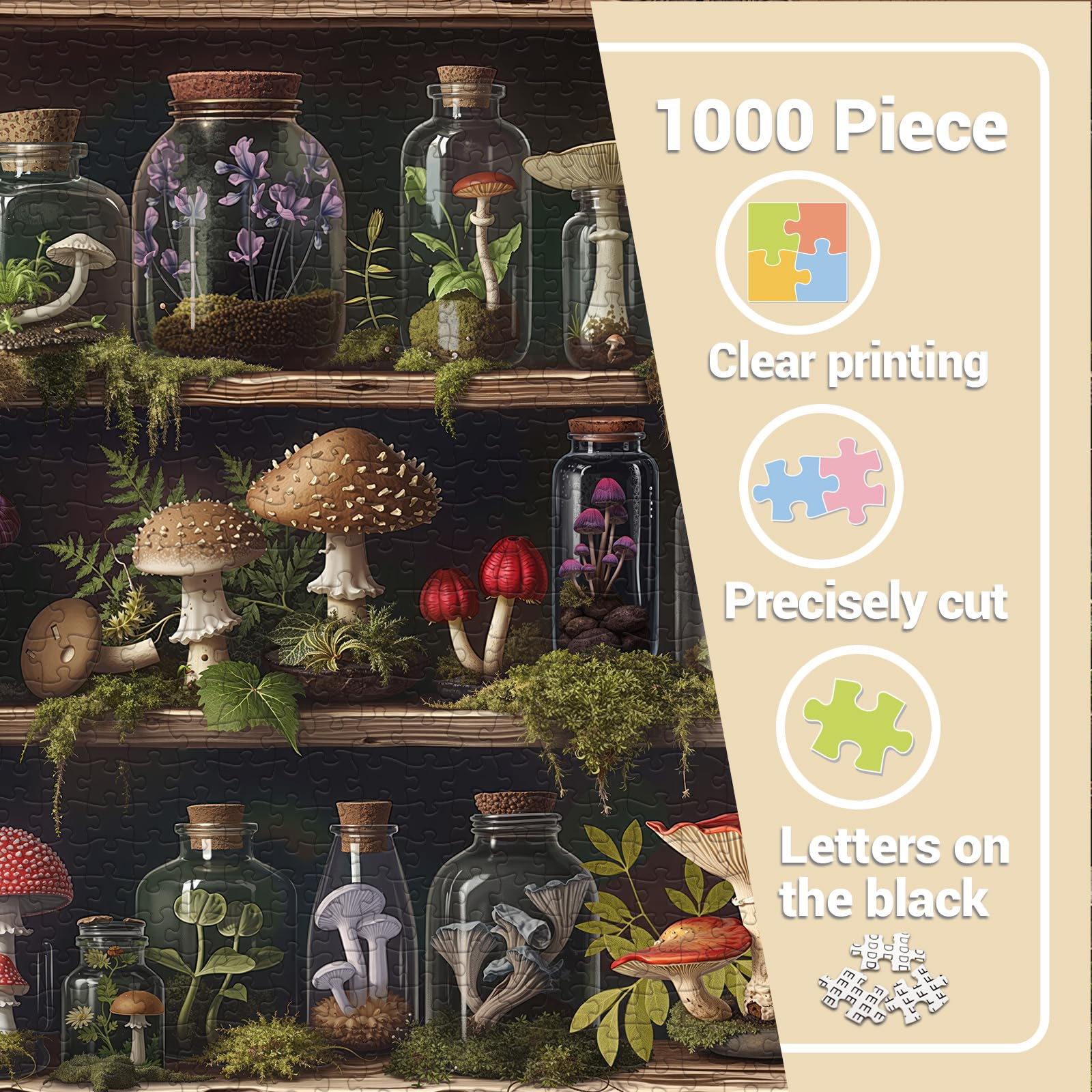Lorvonis Bookshelf Mushroom Forest Puzzle completed display inspires cozy home decor and conversation.