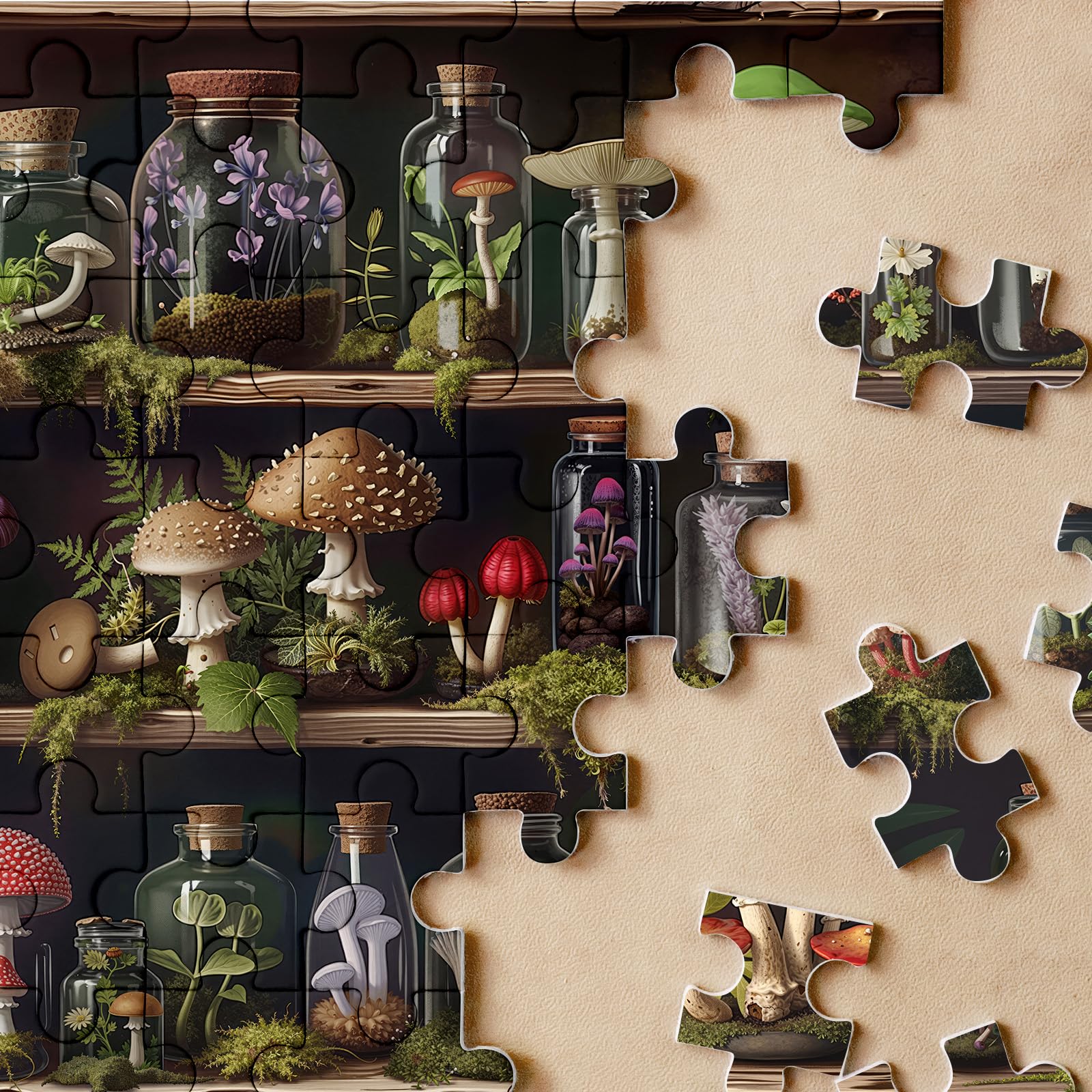Lorvonis Bookshelf Mushroom Forest Puzzle detailed artwork emphasizes rich textures and color depth.
