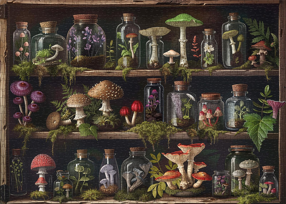 Lorvonis Bookshelf Mushroom Forest Puzzle pieces closeup reveals precise cuts for smooth assembly.