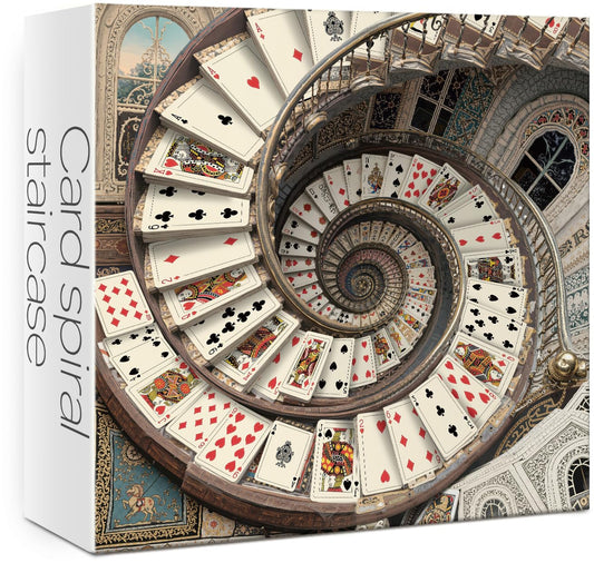 Lorvonis vintage card spiral staircase puzzle in progress for immersive evenings.
