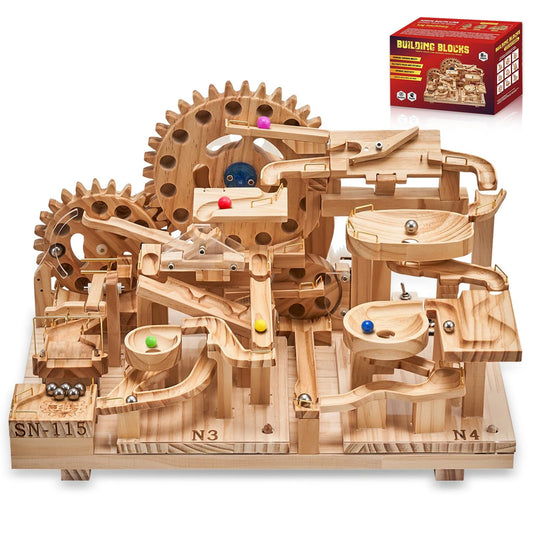 Losbenco wooden marble run blocks for creative construction and family STEM play