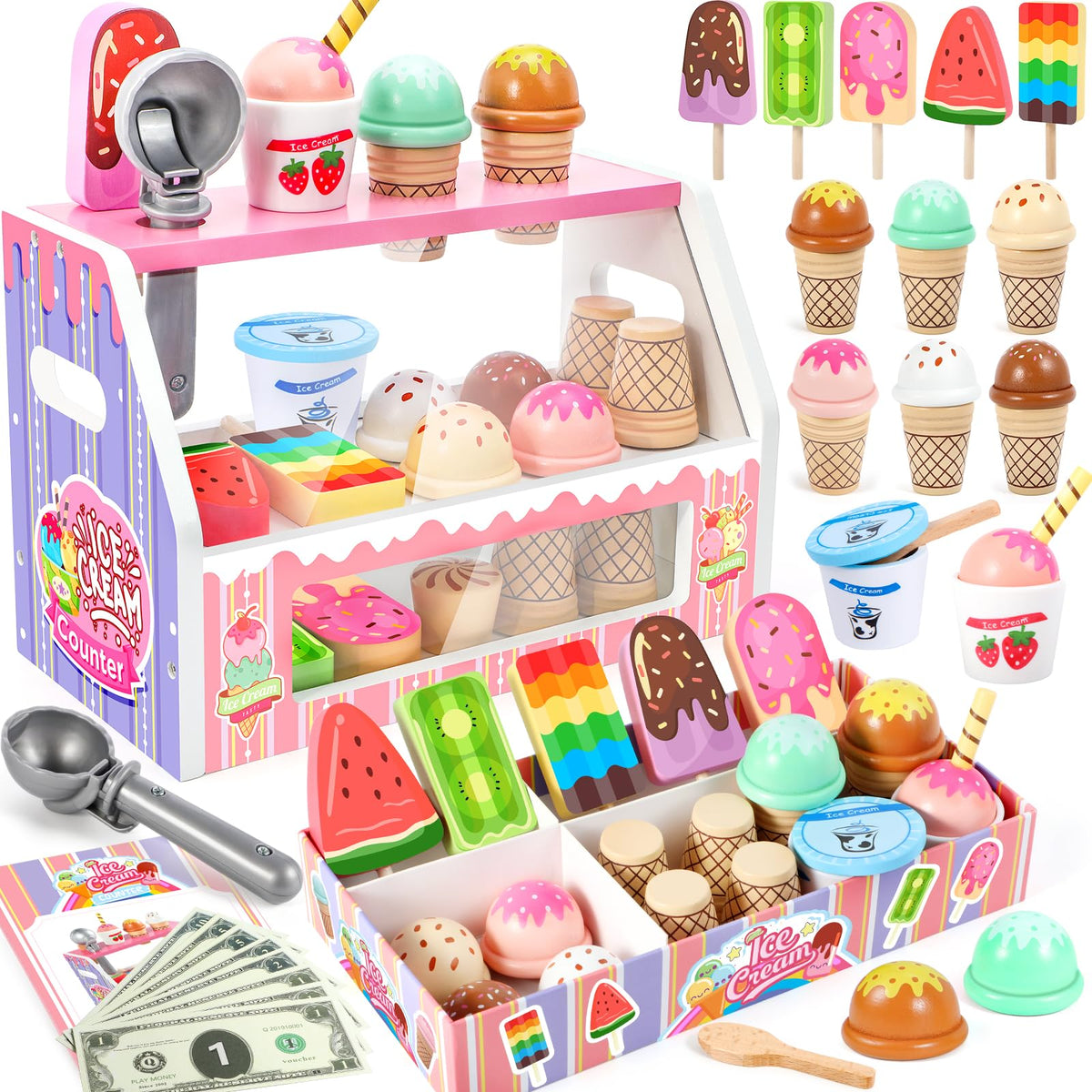 Loscola ice cream counter with bright colors, ideal for imaginative shop play
