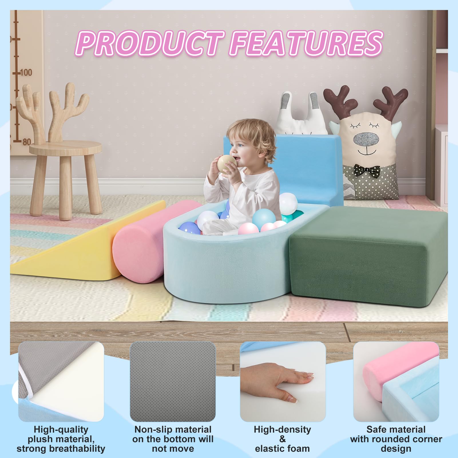 LOSEEF foam blocks with machine-washable covers simplify cleanup after play.