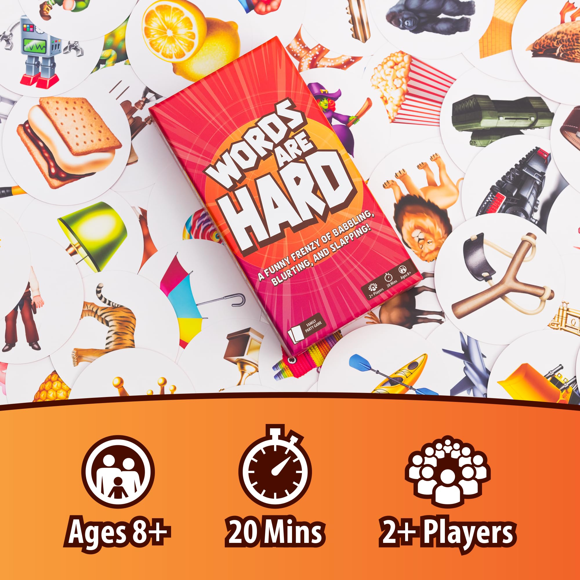 Lost Boy Entertainment Words are Hard cards spread, great for lively group play.