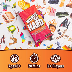 Lost Boy Entertainment Words are Hard cards spread, great for lively group play.