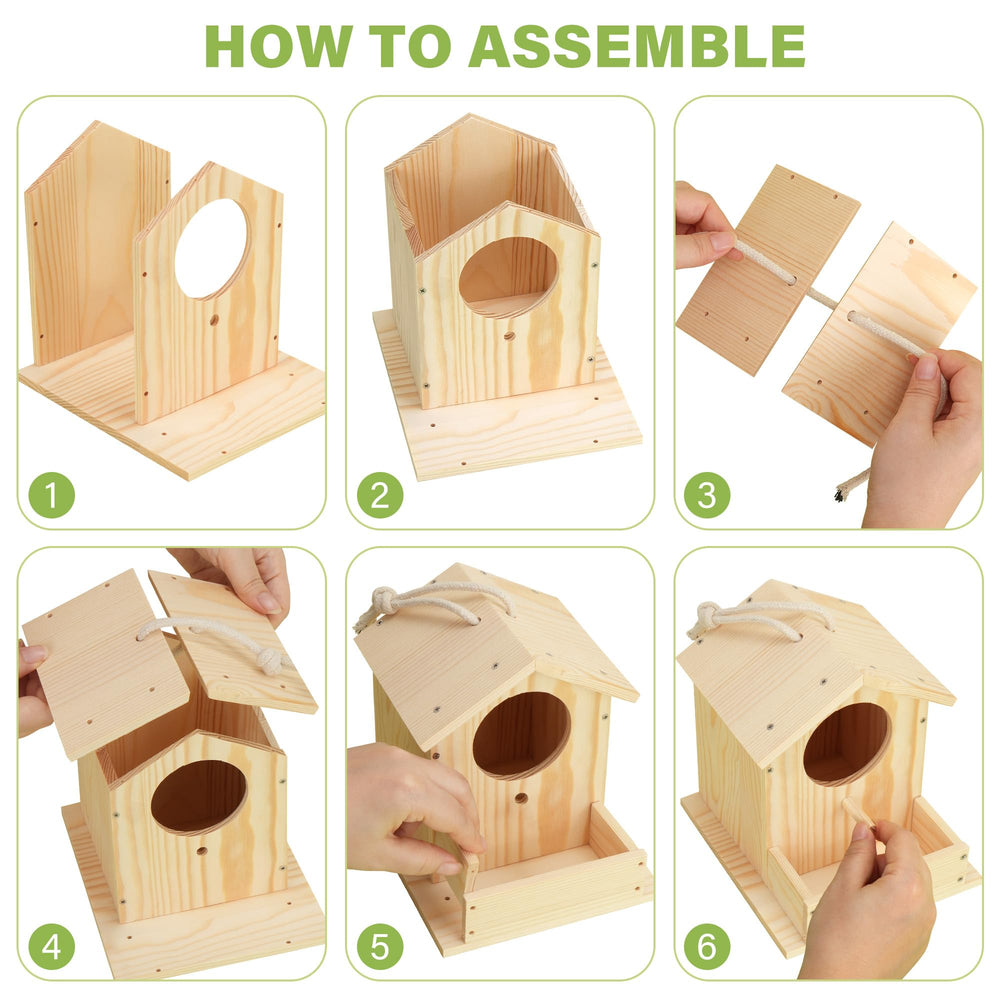 LotFancy bird house parts: 10 wooden pieces with pre-drilled holes for easy assembly.