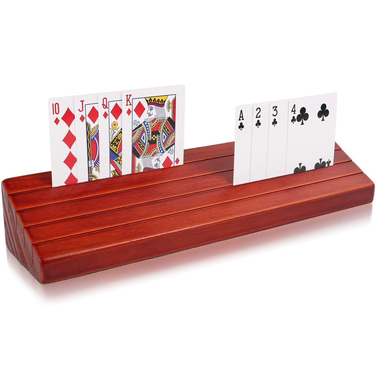LotFancy long-version wooden card holder stores up to 64 cards for easy setup.