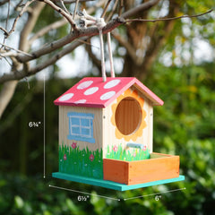 LotFancy outdoor-ready birdhouse: water-based paints and pine wood designed for durable use.