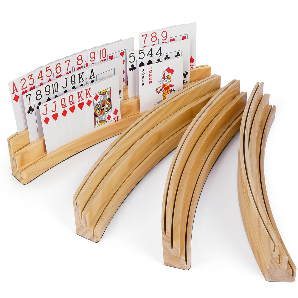 LotFancy 3-tier curved wooden card holder showing easy card visibility during play.