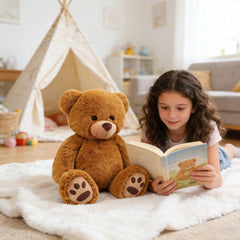 LotFancy teddy bear in a child’s arms showing kid-friendly cuddle