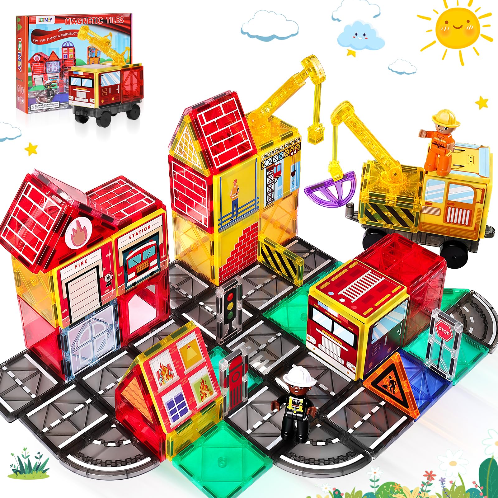 Lotmey magnetic tiles road set with cranes and fire station for imaginative play