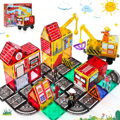 Lotmey magnetic tiles road set with cranes and fire station for imaginative play
