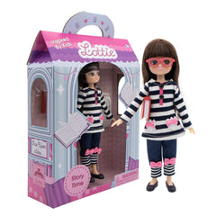 Lottie Story Time Doll with Glasses inspires pretend reading and nurturing role-play.