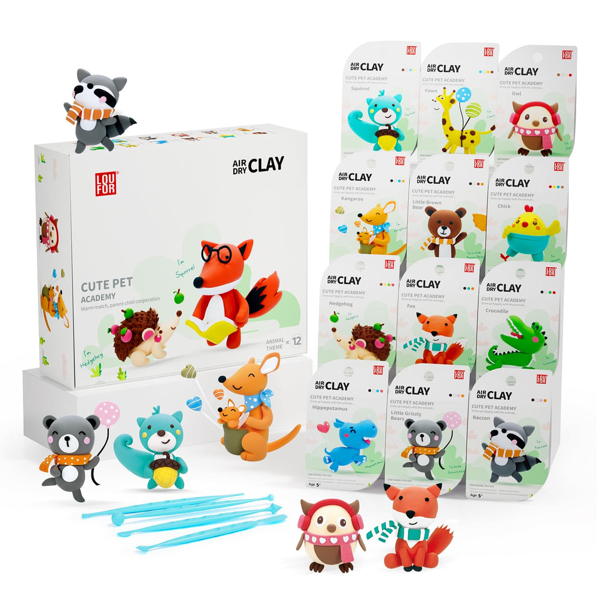 LOUFOR air dry clay kit showing organized packaging for easy classroom or home use.