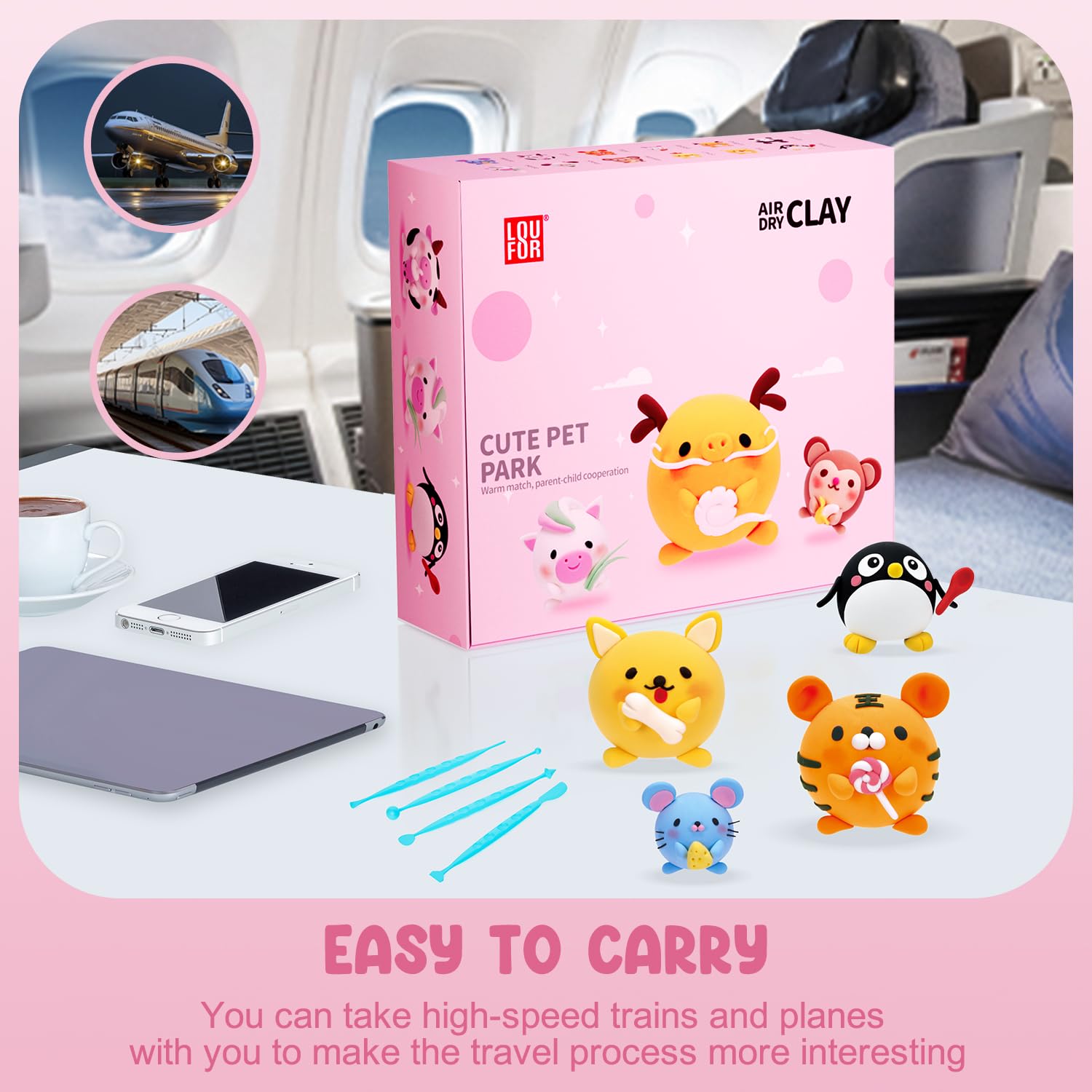 LOUFOR air-dry clay kit kids crafting session, home-friendly and mess minimal.