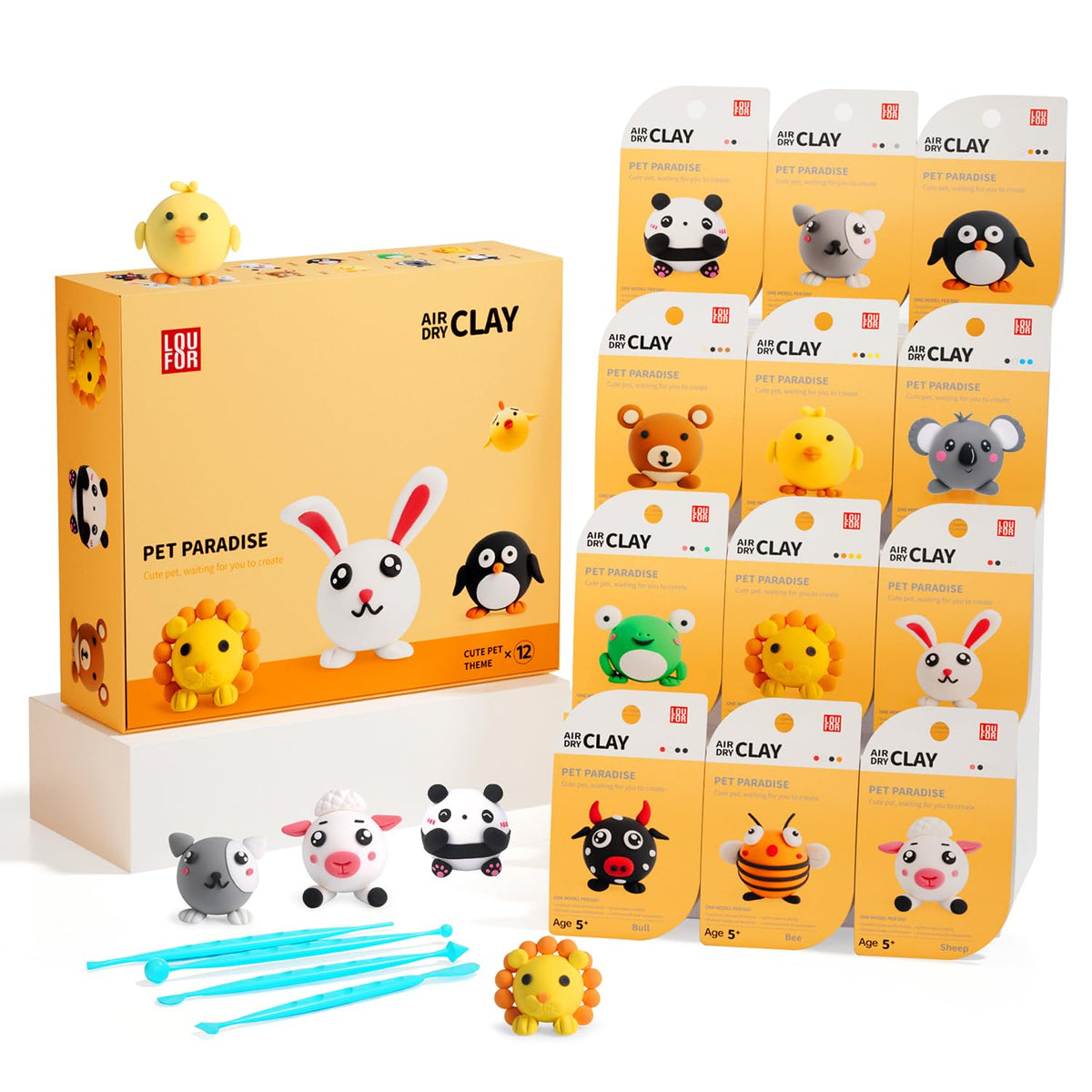 LOUFOR Air Dry Clay Kits 12-box set with colorful compartments for kids' projects.