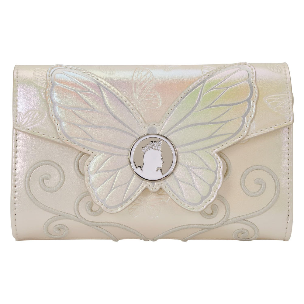 Loungefly Wicked Part Two wallet front with enamel butterfly charm for glam accessorizing.