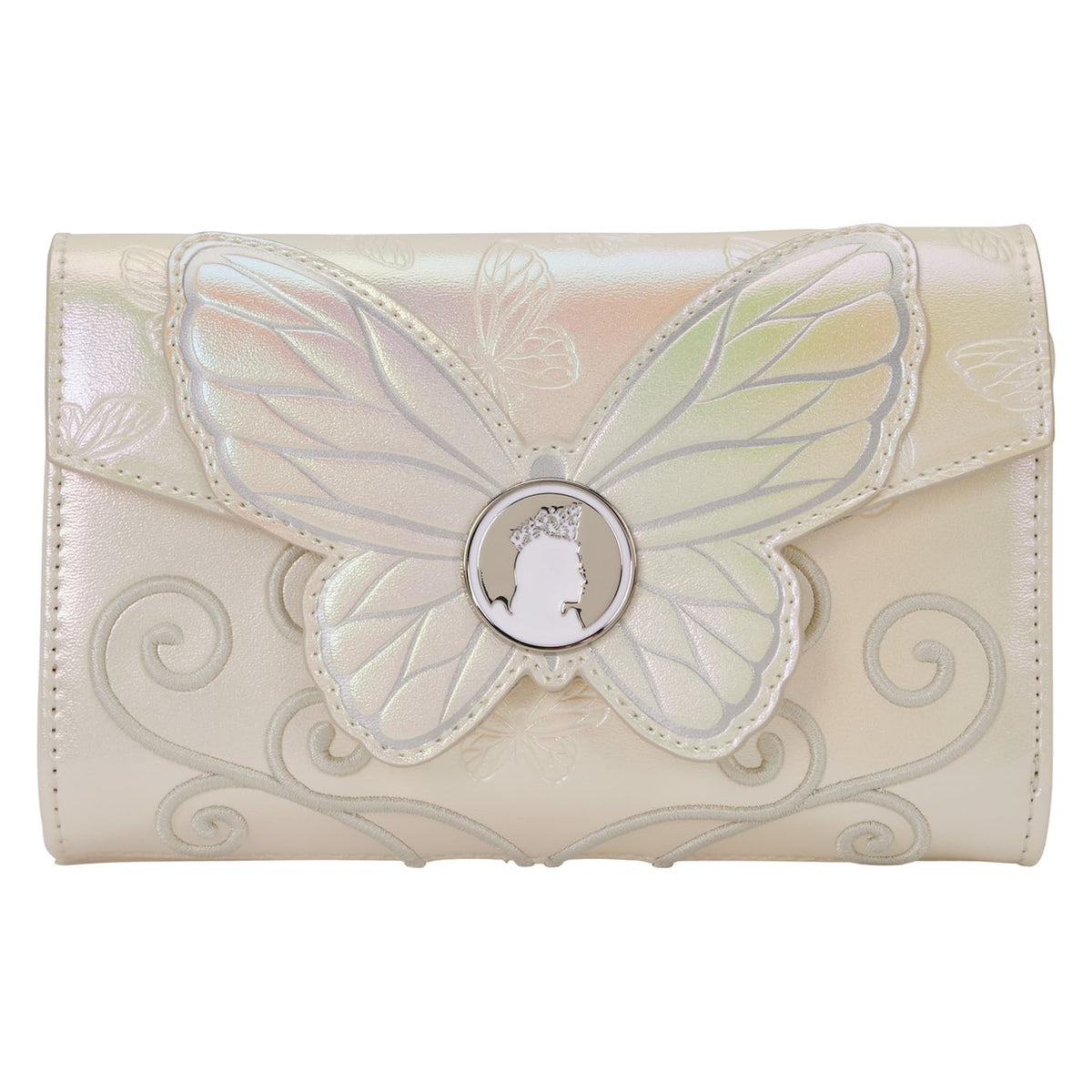 Loungefly Wicked Part Two wallet front with enamel butterfly charm for glam accessorizing.
