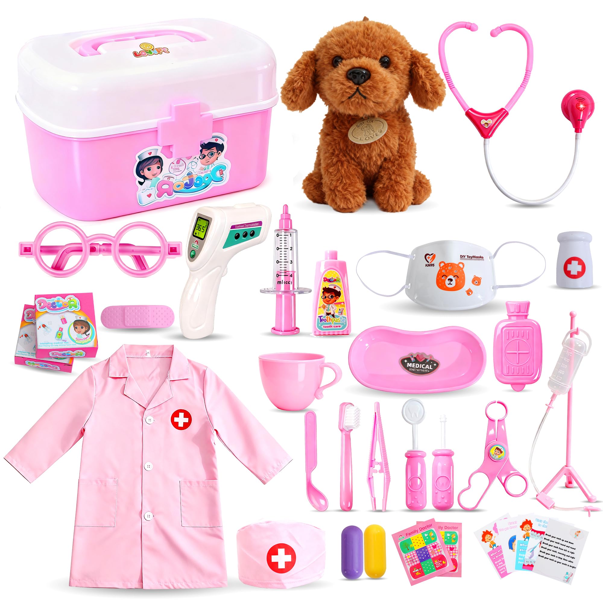 LOUVPY Doctor Kit Toddlers Soft Plush Dog for imaginative checkups