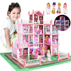 LOVE LIFE pink four-story doll house offers open-ended pretend play.