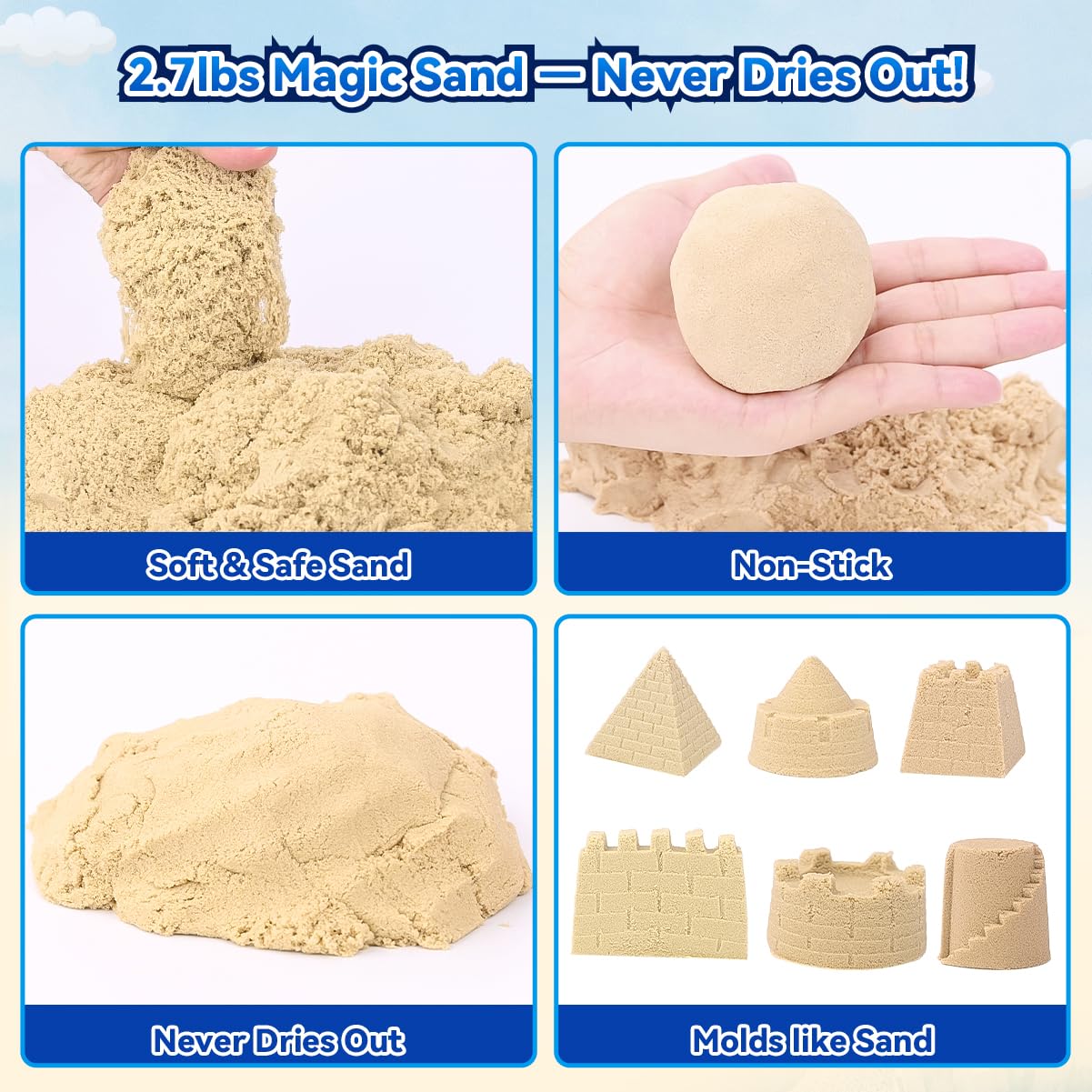 Love&Mini magic sand closeup showing moldable texture for castles.
