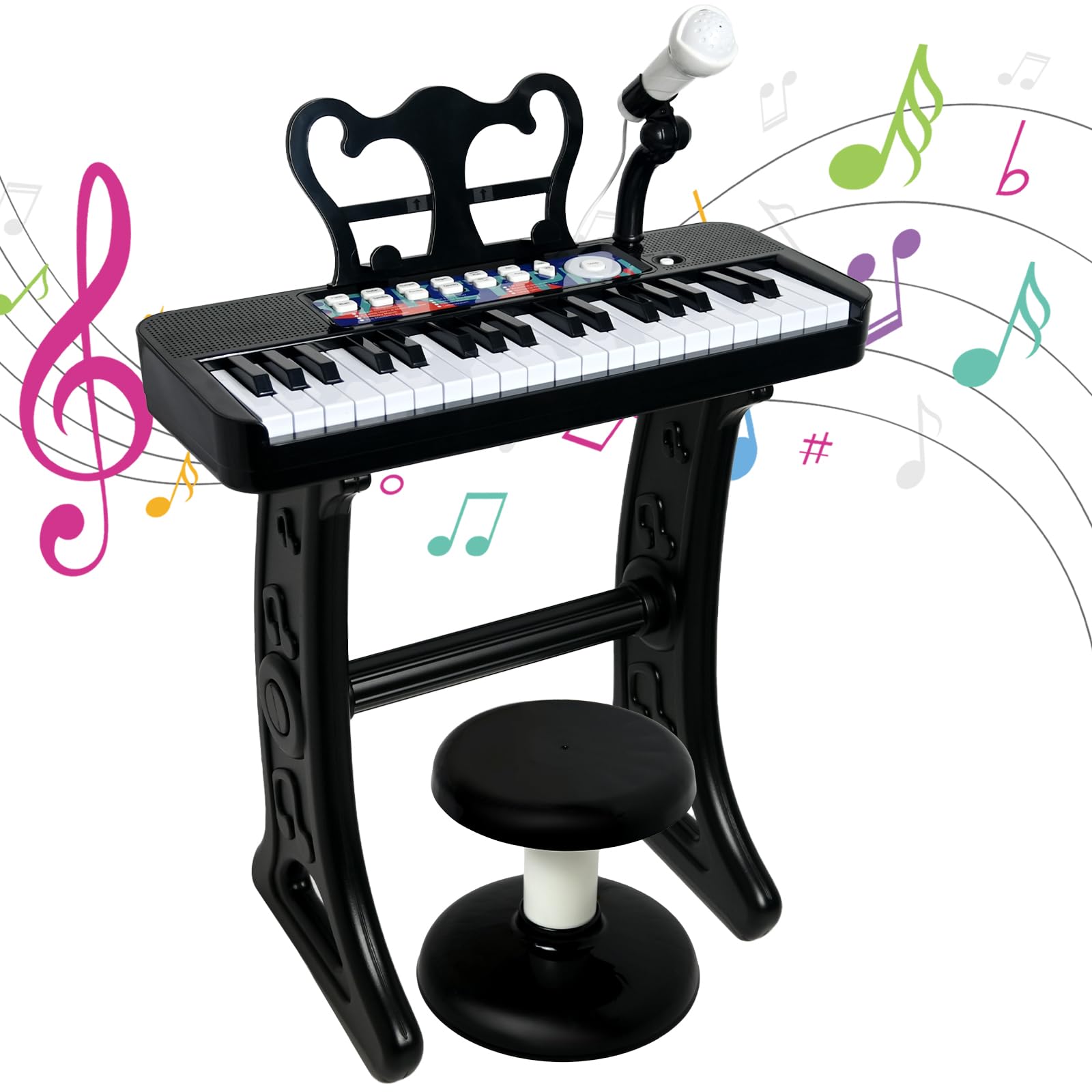 Love&amp;Mini piano toy with stool offers stable seating for kids during practice.