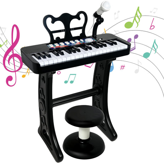 Love&amp;Mini piano toy with stool offers stable seating for kids during practice.