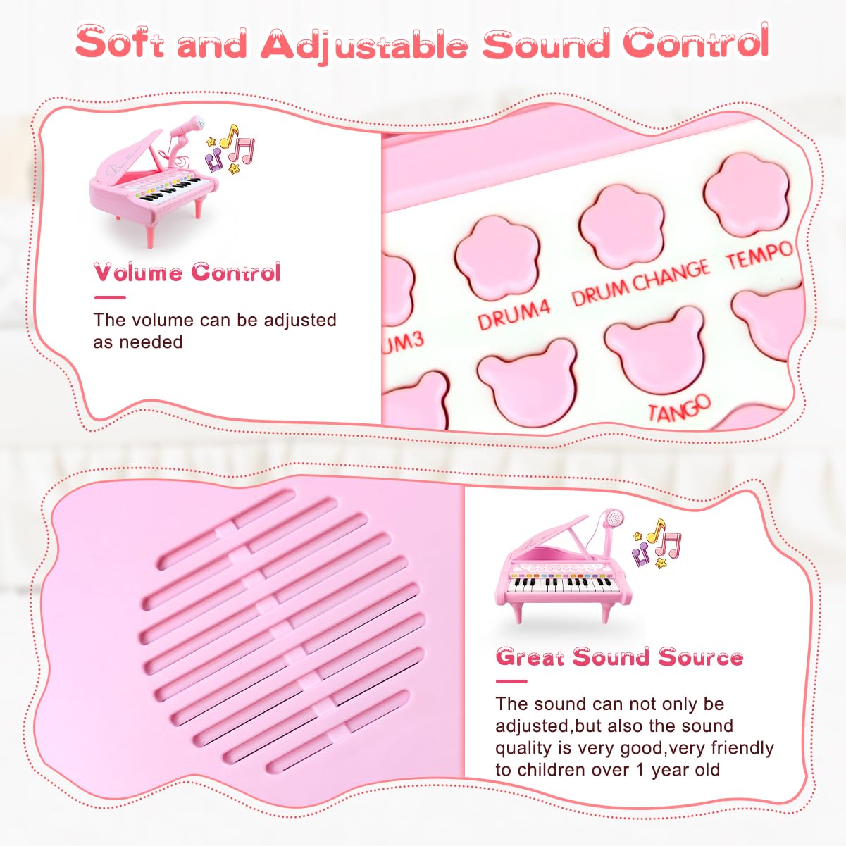 Love&Mini pink piano toy offers four instrument modes for varied soundscapes.