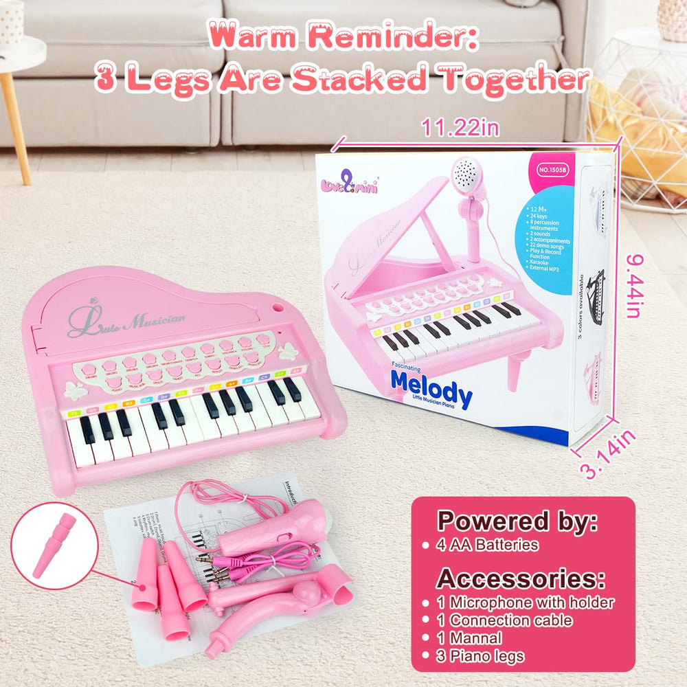 Love&Mini pink piano toy uses AA batteries for portable play.