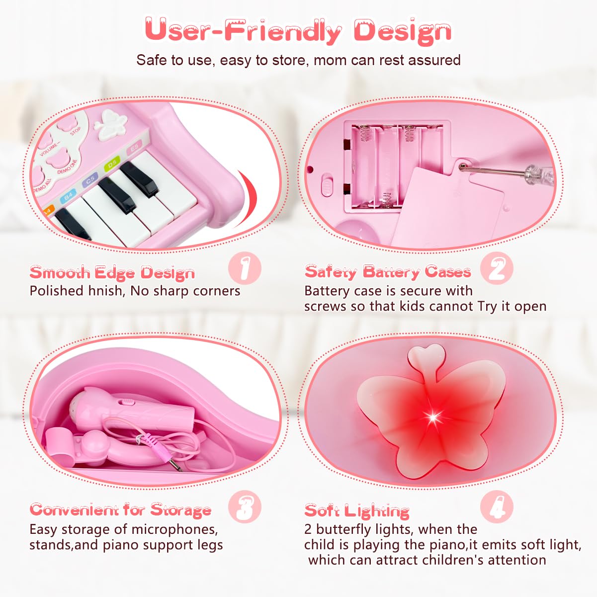 Love&Mini pink piano toy with demo songs, guided melody exploration.