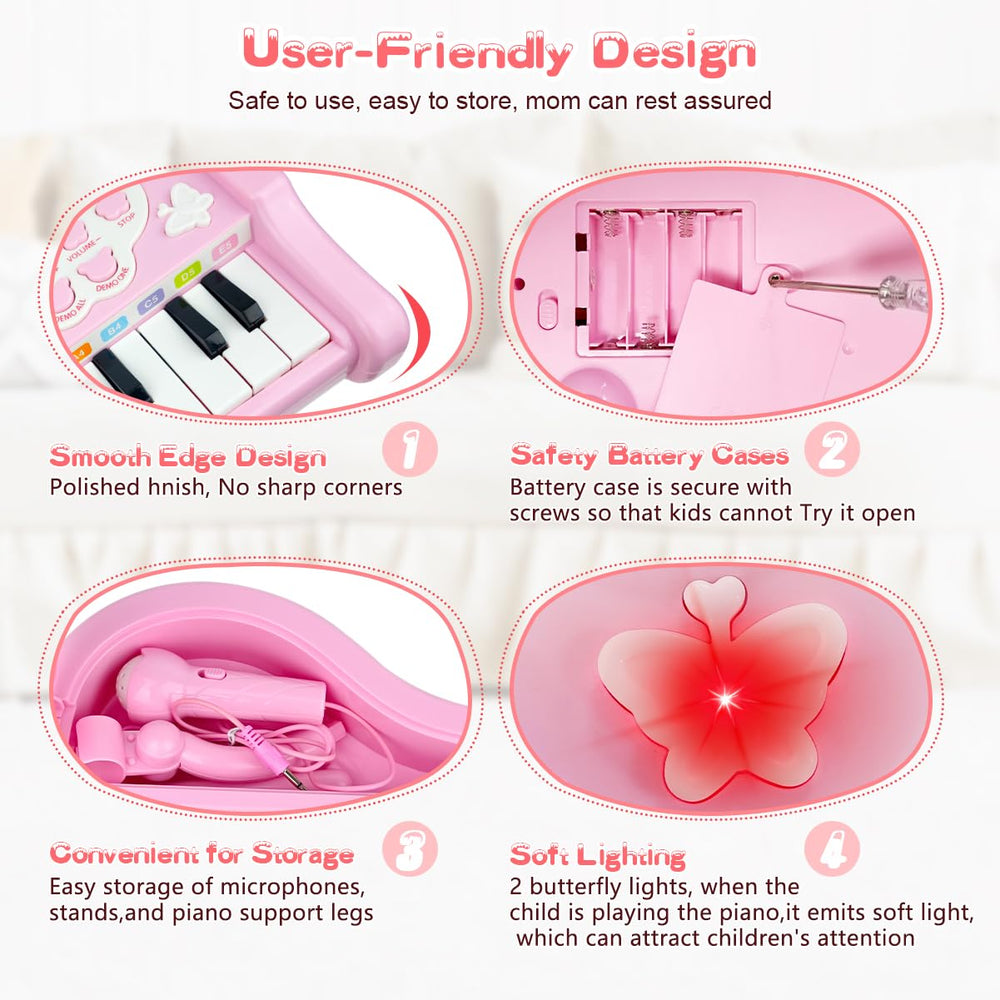 Love&Mini pink piano toy with demo songs, guided melody exploration.
